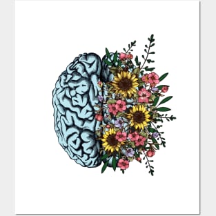 Blue Brain and flowers sunflowers, Positivity, creativity, right hemisphere brain, health, Mental Posters and Art